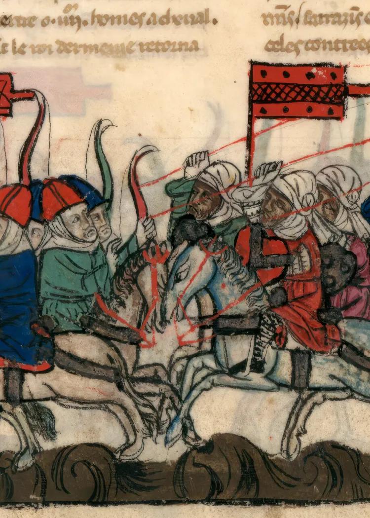 Illustration of Mamluk warriors defeating Mongol warriors 