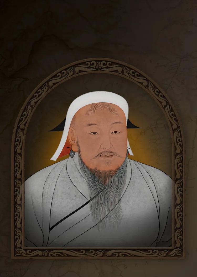 Mongol man in white hat and grey robe set in an arch with a stylised map overlay background
