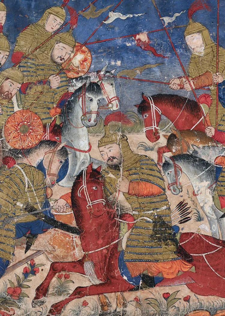 Manuscript illustration of warriors in armour fighting on horseback