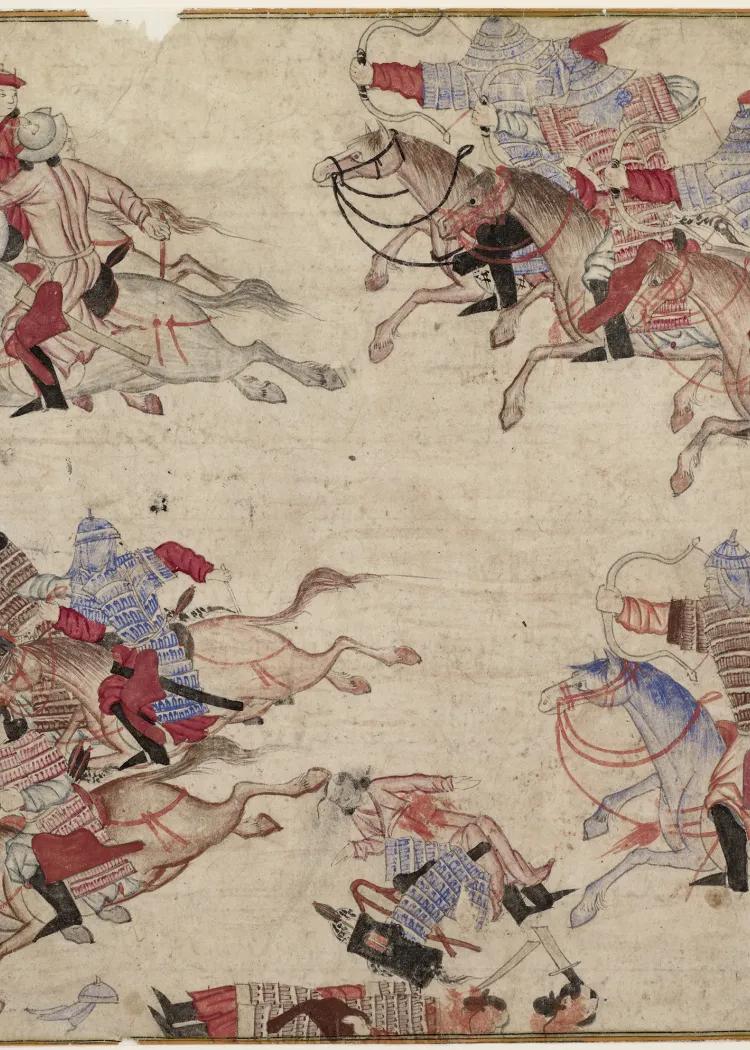 Illustration of Mongol warriors chasing their enemies from the battlefield