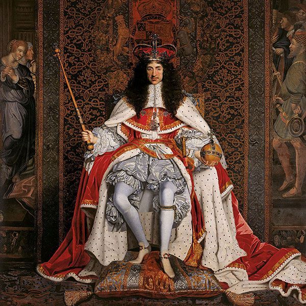 Charles II, King of England, Scotland, and Ireland sitting on a throne