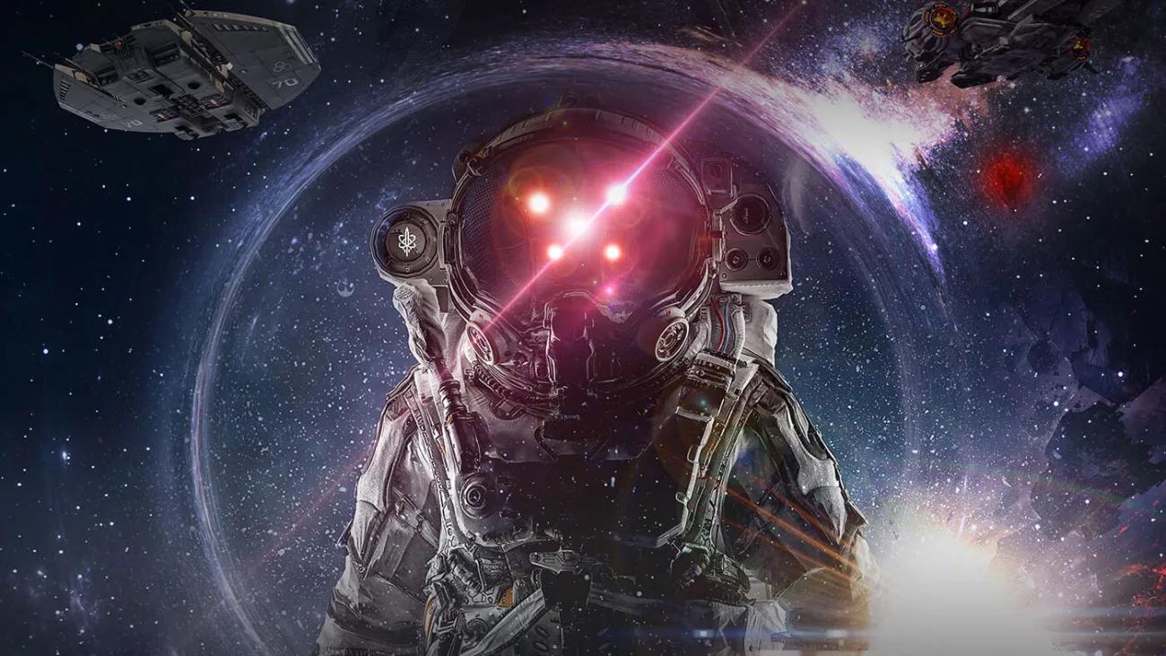 Astronaut in spacesuit with bright lights reflecting off his helmet with stars and spaceship in the background
