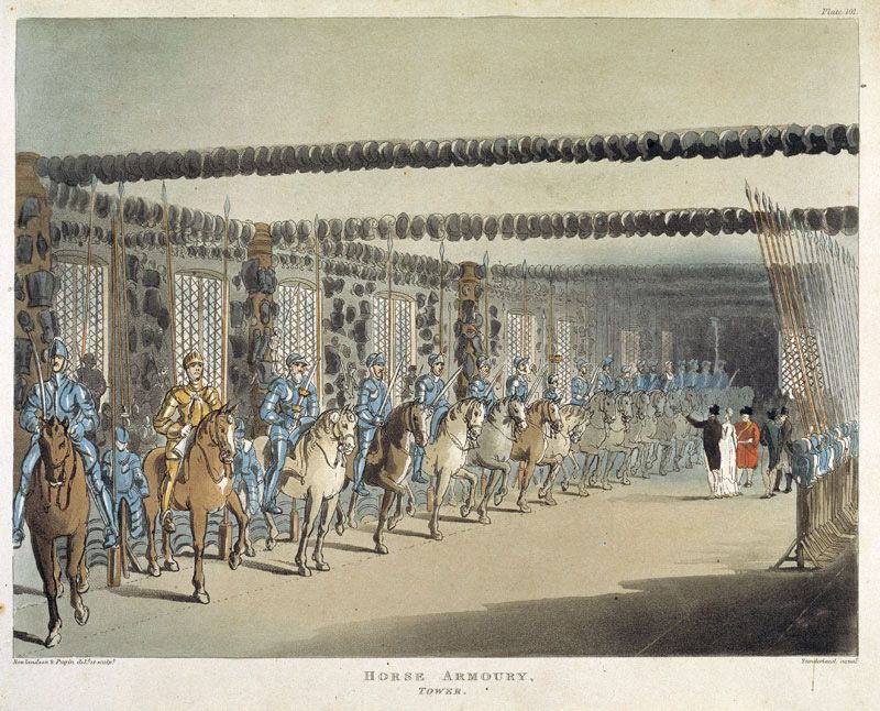 Coloured drawing of the Horse Armoury in 1809