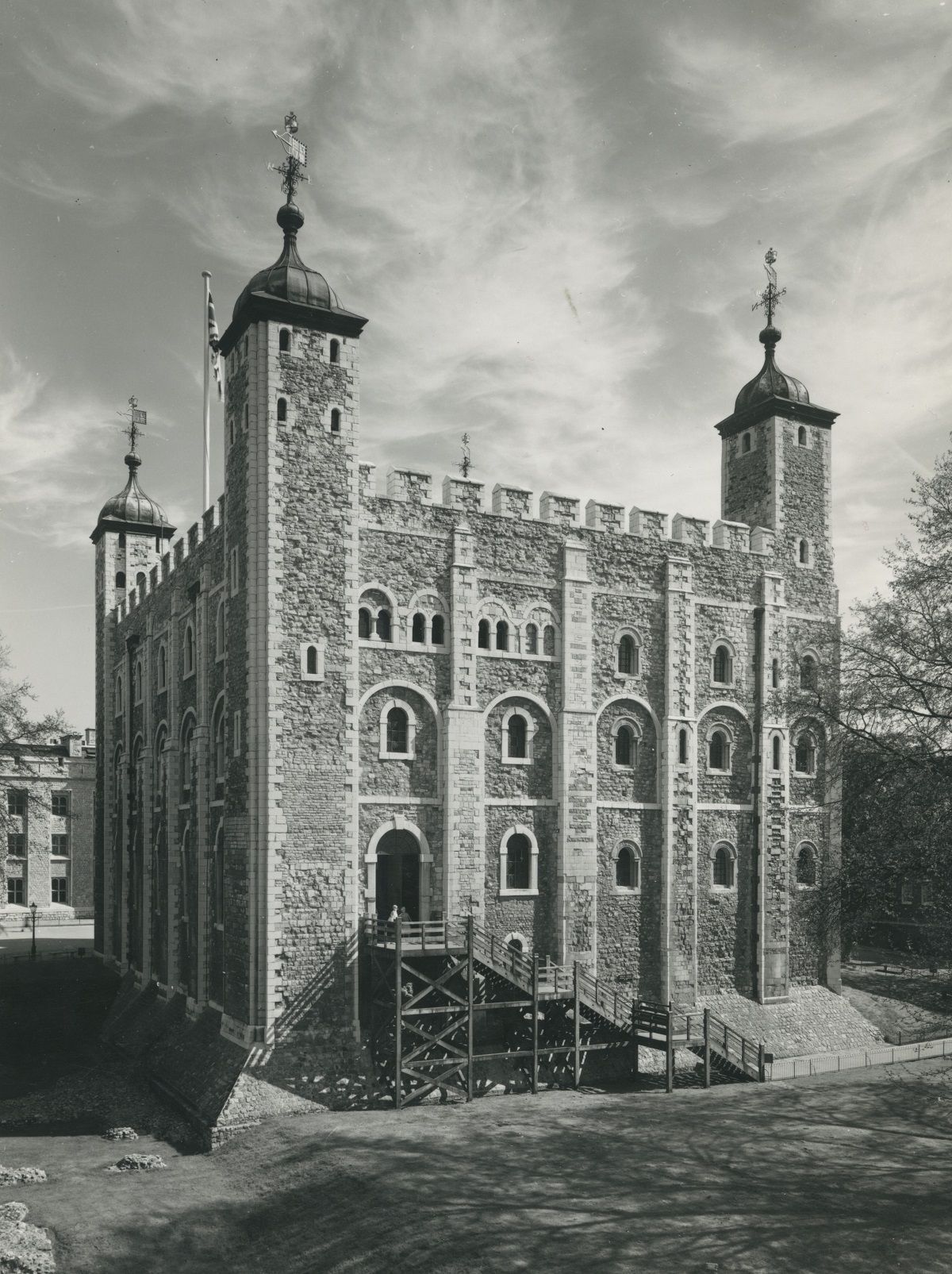 A black and white photograph of the keep