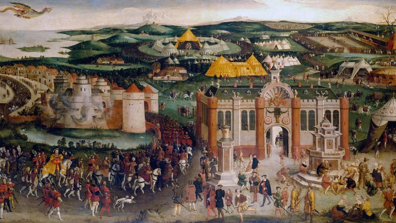 A painting showing the a procession of nobles with palaces and gold tents  in the fields behind