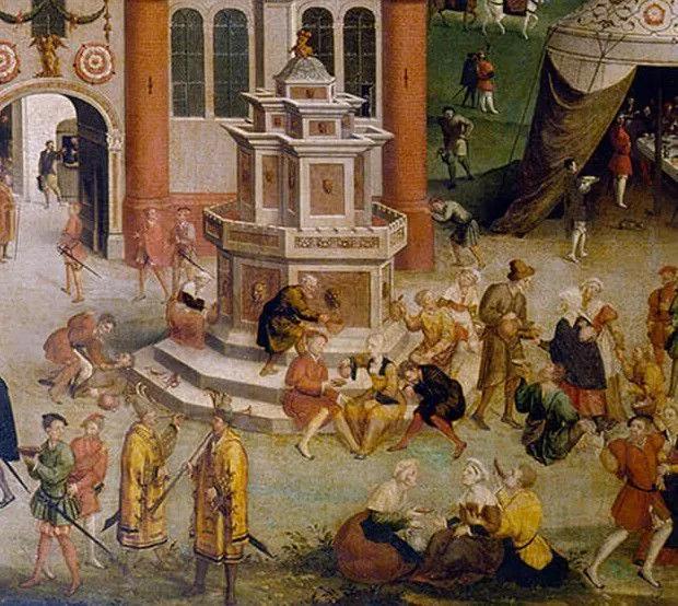 detail of a painting depicting women spectating at the Field of the Cloth of Gold