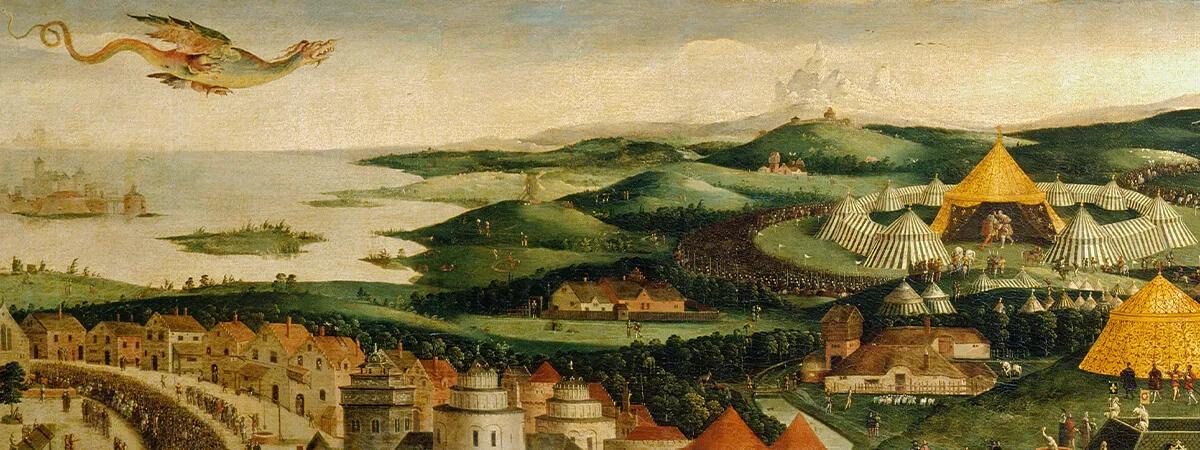 A painting of a field with tents in and a dragon overheard 