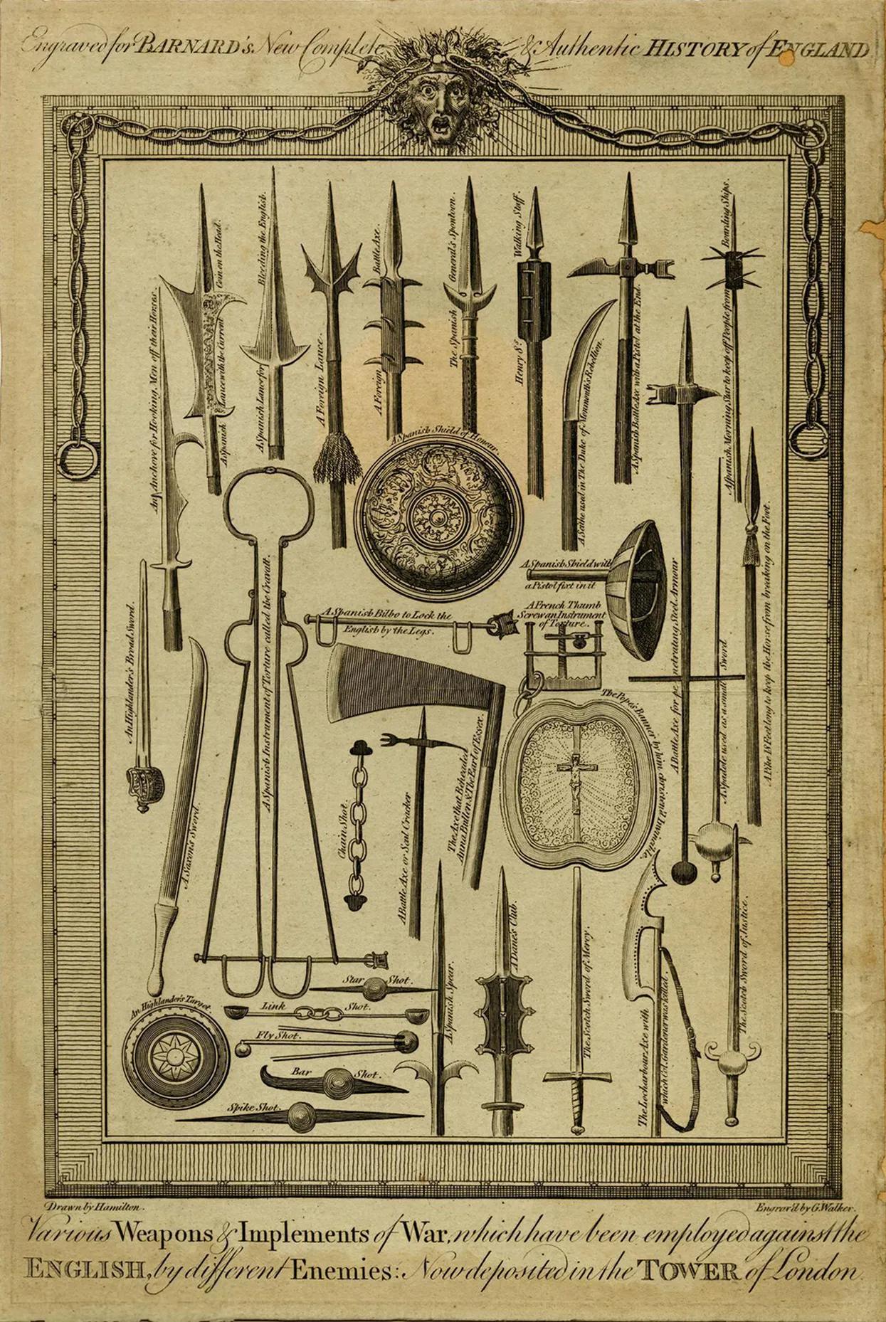 collection of armour and weapons from the Spanish Armoury drawn and arranged within a frame
