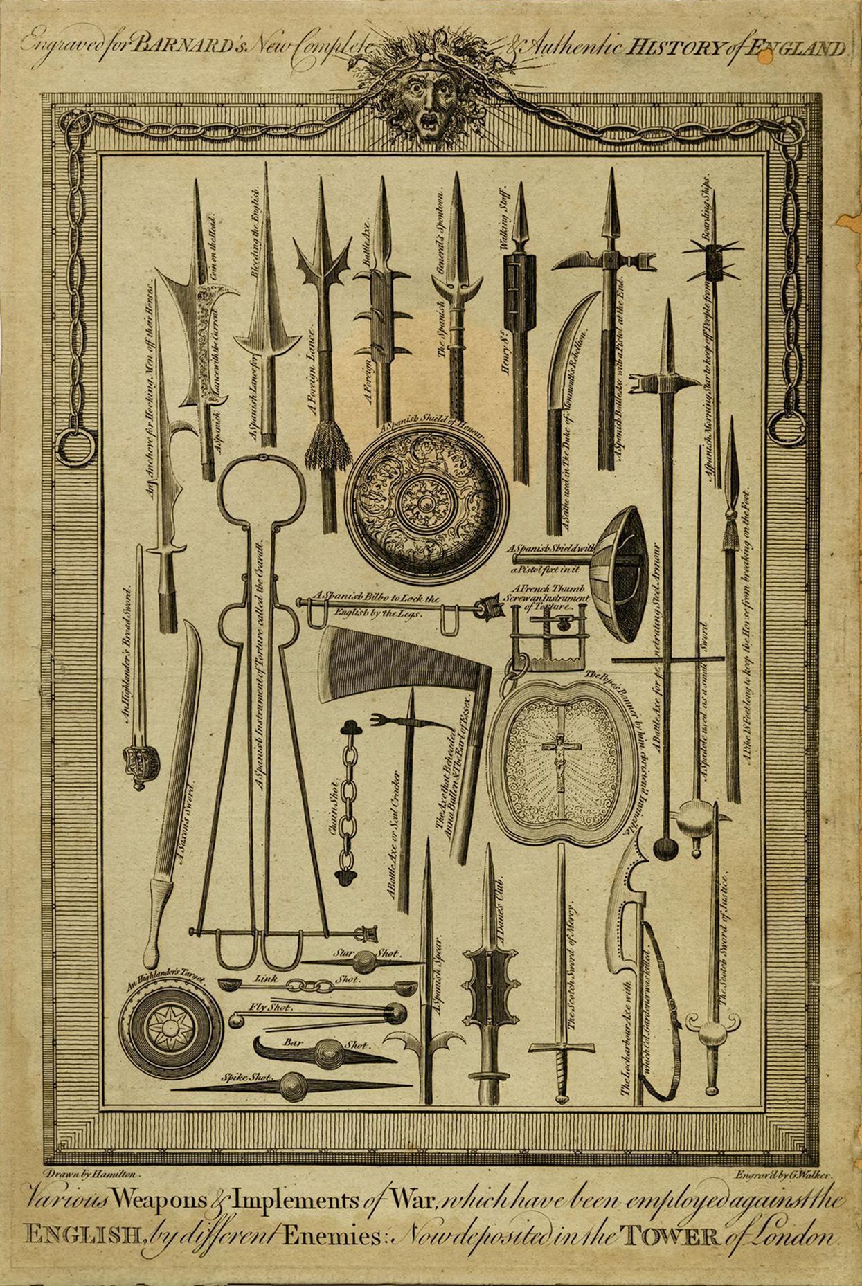 collection of armour and weapons from the Spanish Armoury drawn and arranged within a frame