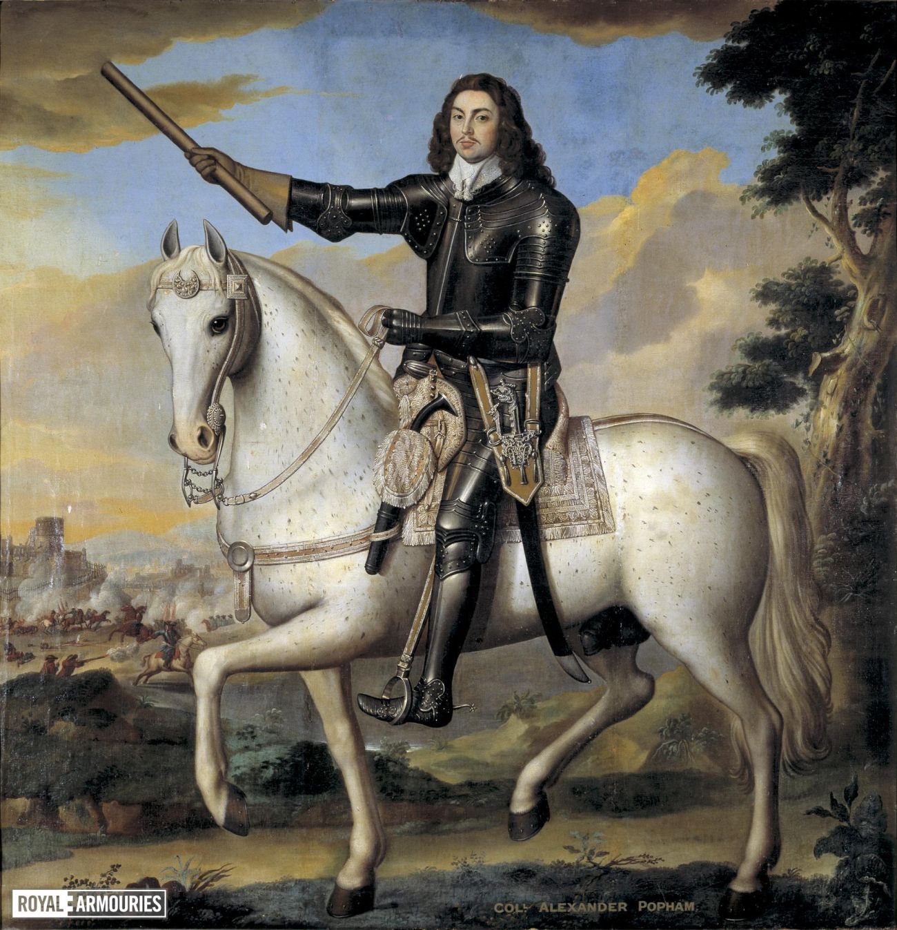 English civil war commander with long black hair riding a grey horse, while wearing black armour. 