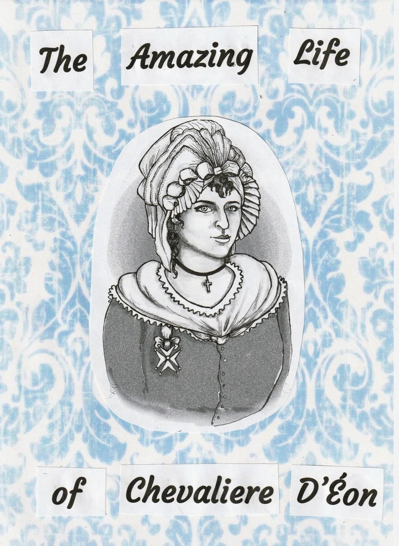 line drawing of 18th century woman in a dress and bonnet, wearing a medal.