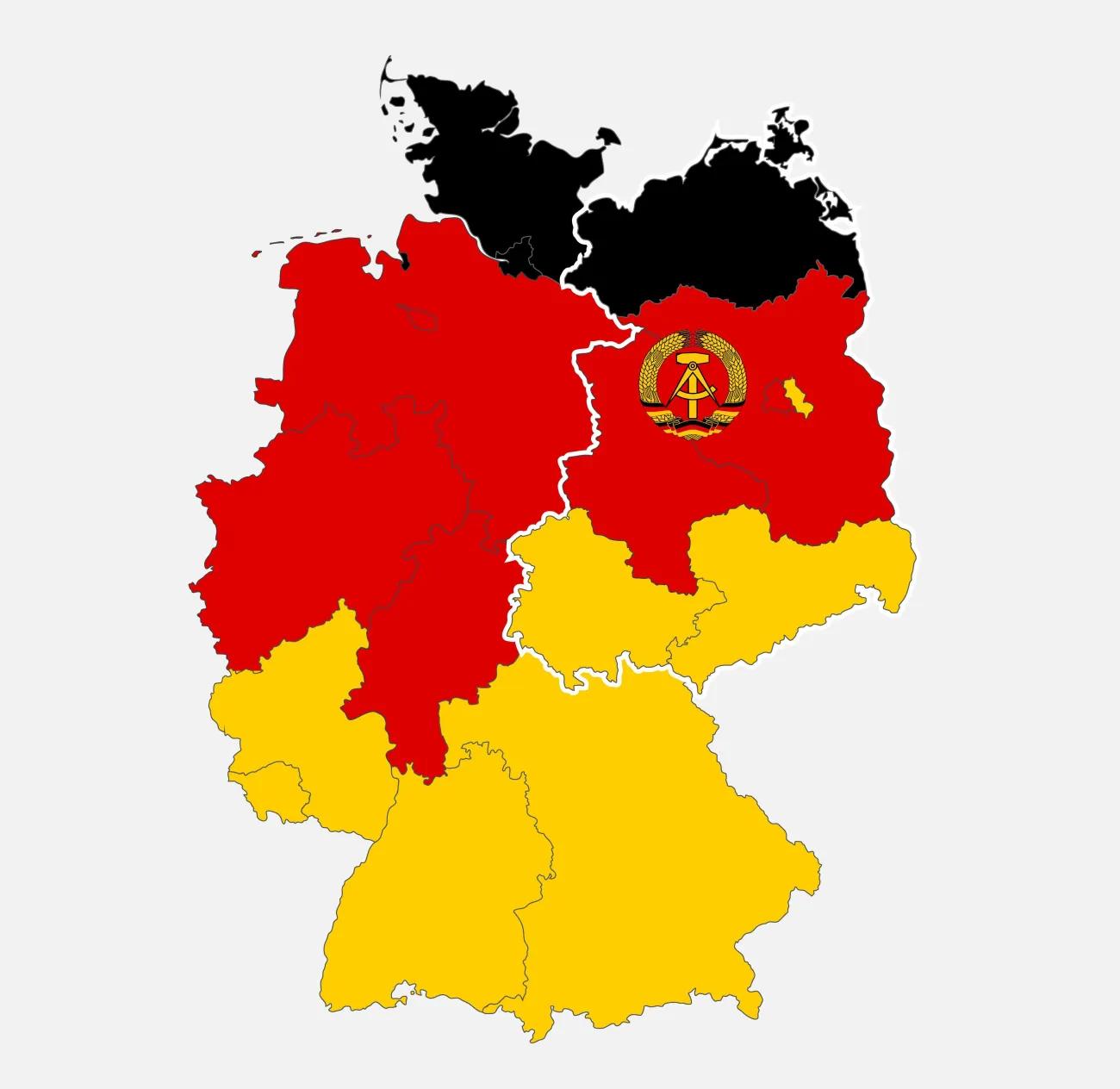 A map in black, red and yellow, showing Germany divided into the Federal Republic and German Democratic Republic, with a hammer and compass icon to represent the GDR. 