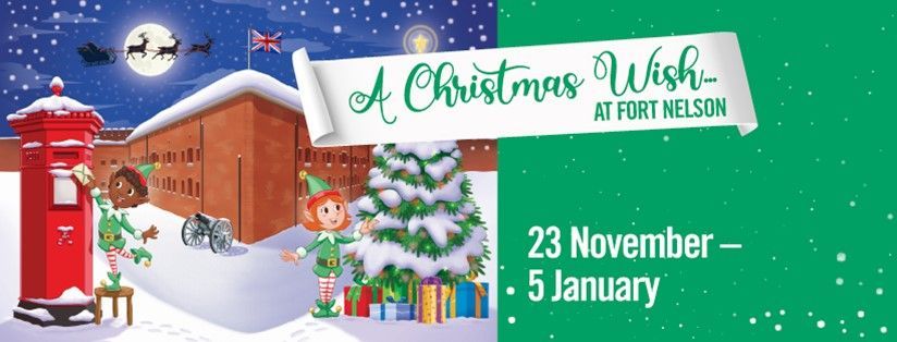 Christmas scene at Fort nelson with 2 elves posting letters and placing presents around a tree