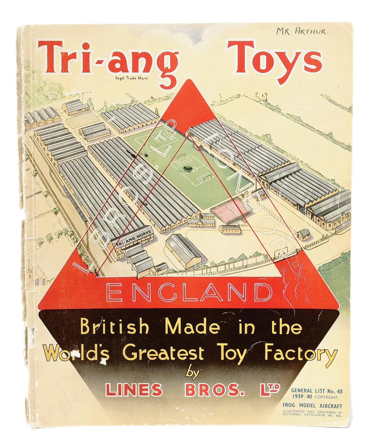 An advertisement for Triang Toys that says 'Triang Toys England, British Made in the World's Greatest Toy Factory by Lines Bros ltd.'
