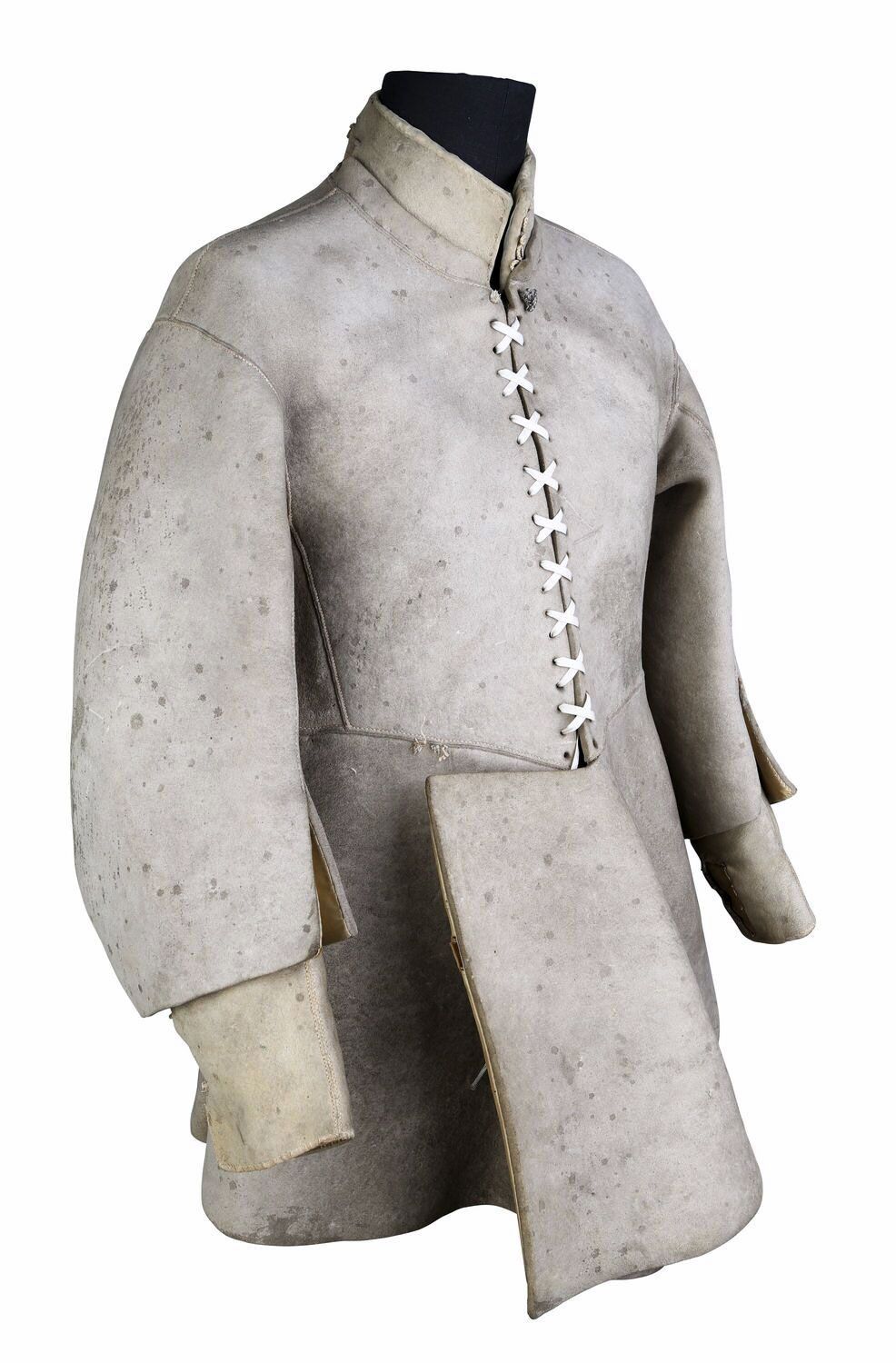 three-quarter length pale grey leather coat