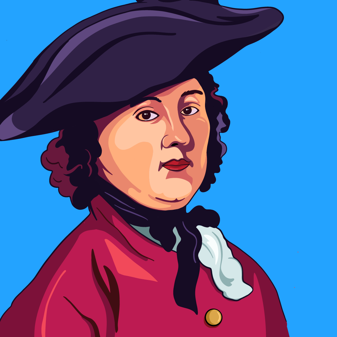 A digital illustration of a woman wearing a eighteenth century military uniform. She wears a hat and a button up jacket with a scarf. 