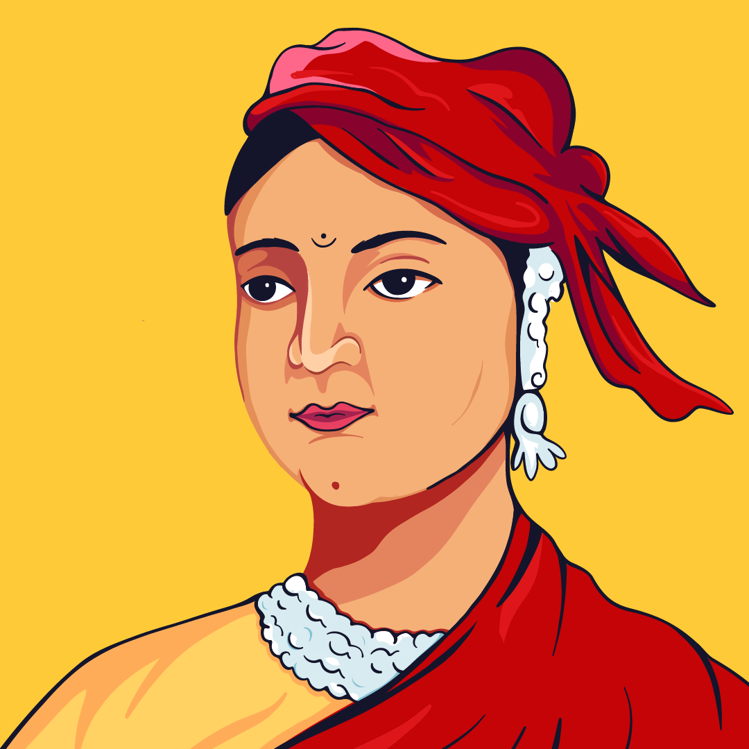 A digital illustration of a woman wearing a sari and a cummerbund. She is wearing a earring and a pearl necklace, looking off into the distance 