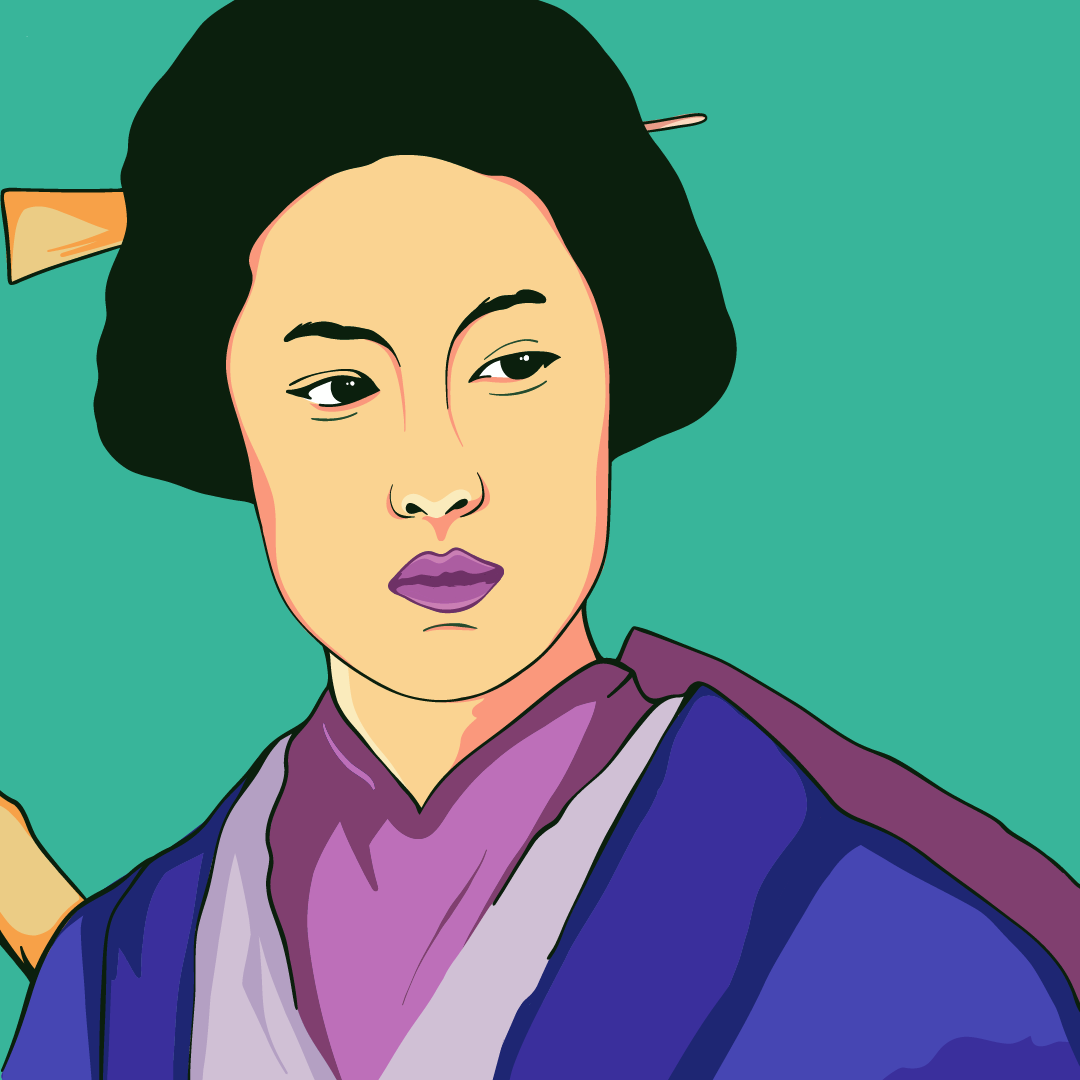 A digital illustration of a Japanese woman wearing a kimono and carrying a naginata