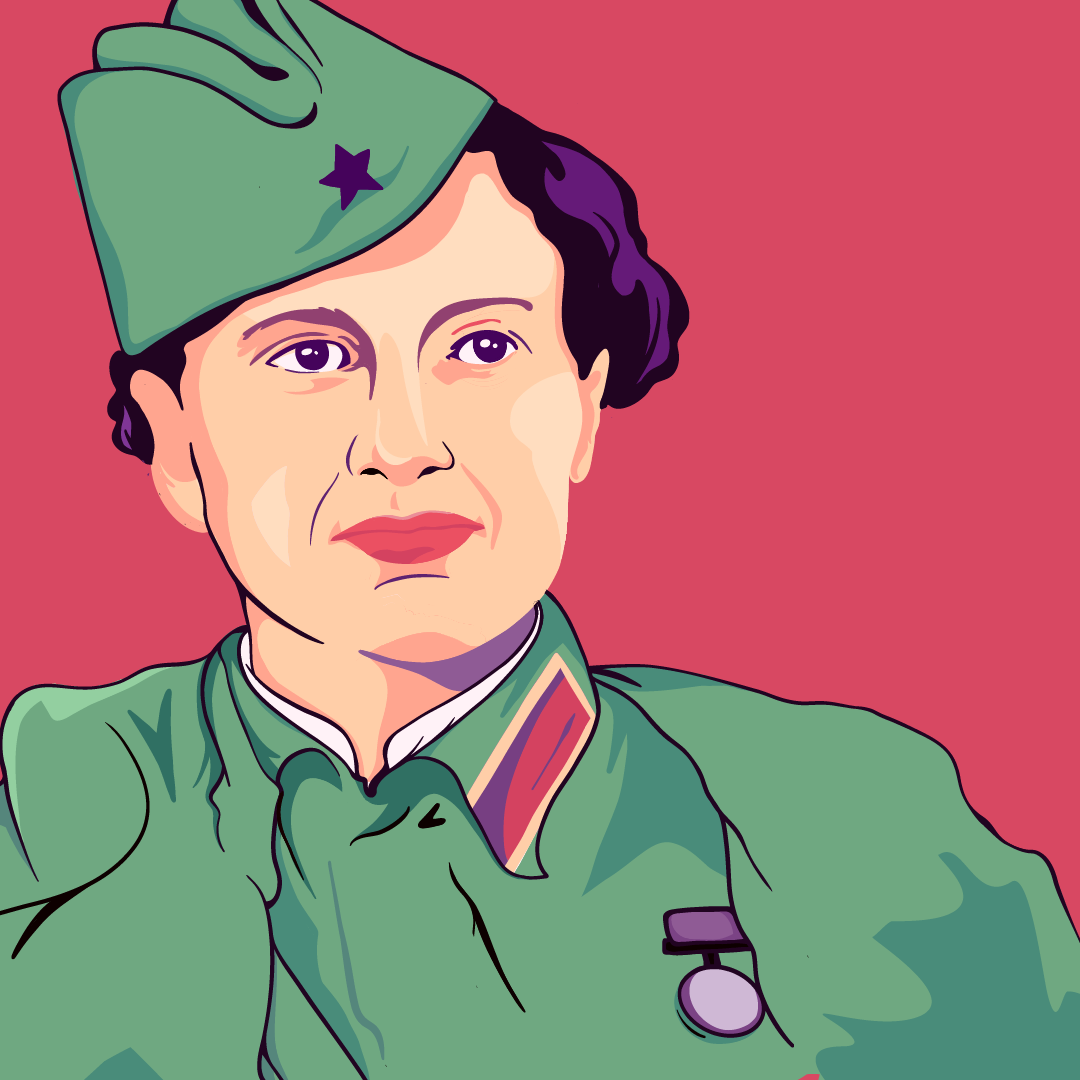 A digital illustration of a woman wearing a military uniform. She wears a cap on her head bearing a star and a medal on her chest 