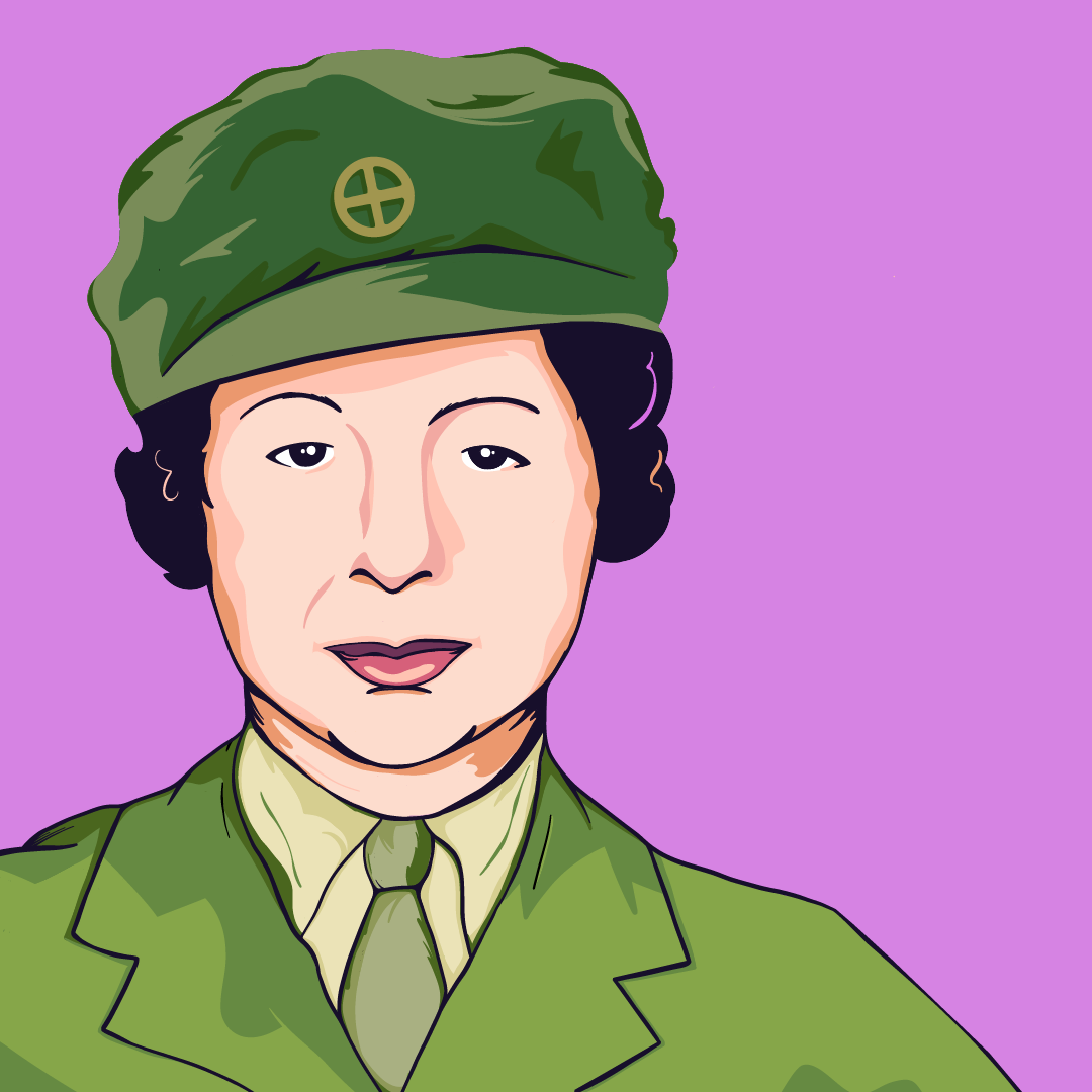 A digital illustration of a woman wearing a First Aid Nursing Yeoman uniform. She is wearing a cap with a cross and a jacket and tie. 