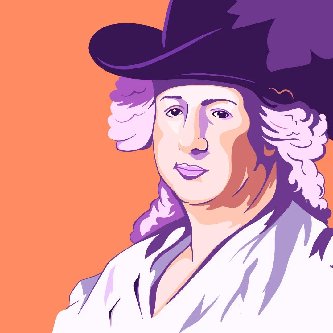 A digital illustration of a seventeenth century woman with a hat and wig