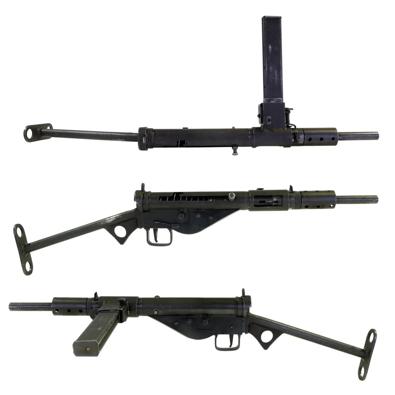 Top, right side, left side views of Sten Mk.II