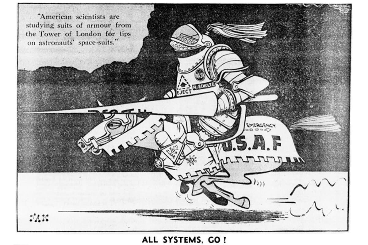 A cartoon from the Evening Standard. It says 'American scientists are studying suits of armour from the Tower of London for tips on astronaut's space suits.'