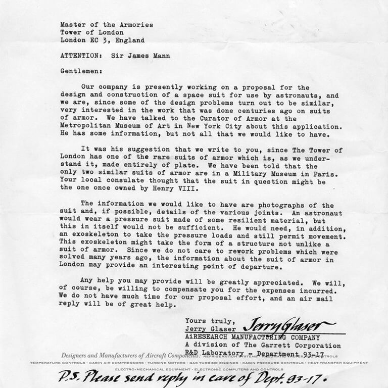 A typed letter from the AiResearch Manufacturing Company to the Master of the Armouries asking for photographs of Henry VIII armour 