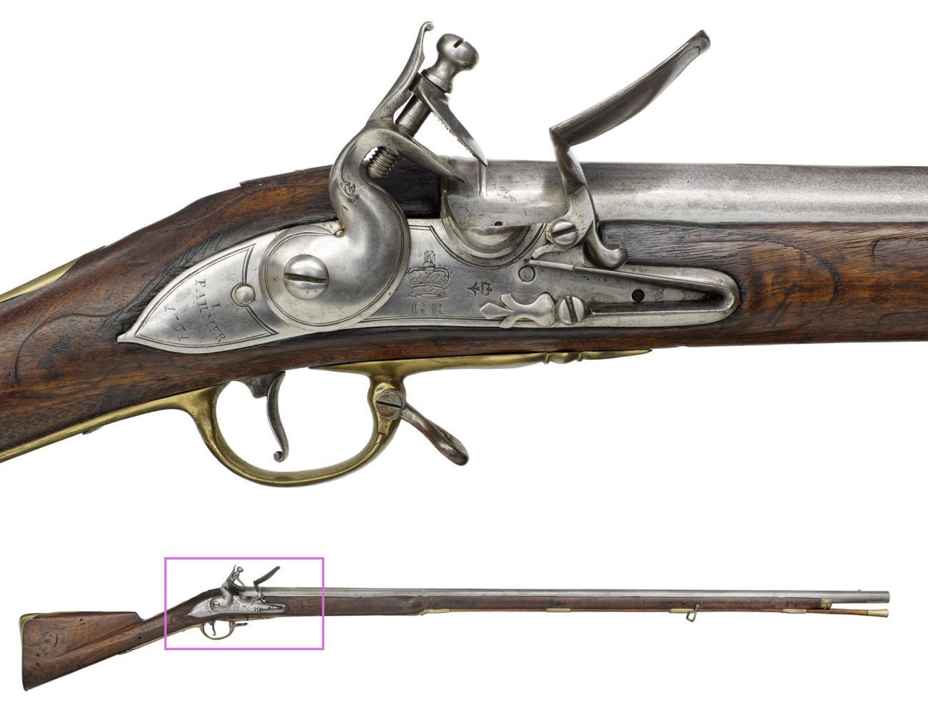 Long barrelled flintlock musket with close up of lock