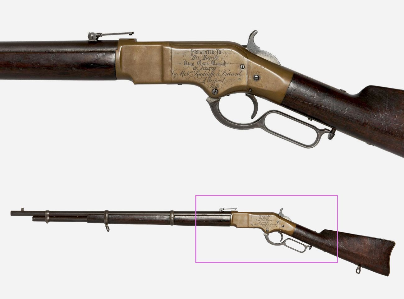Lever action magazine rifle with detail of inscription
