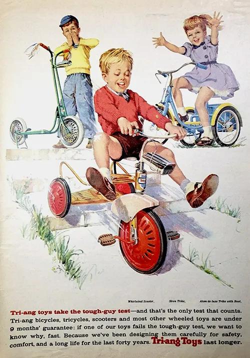 Three excited children play wth their new tricycles and scooter