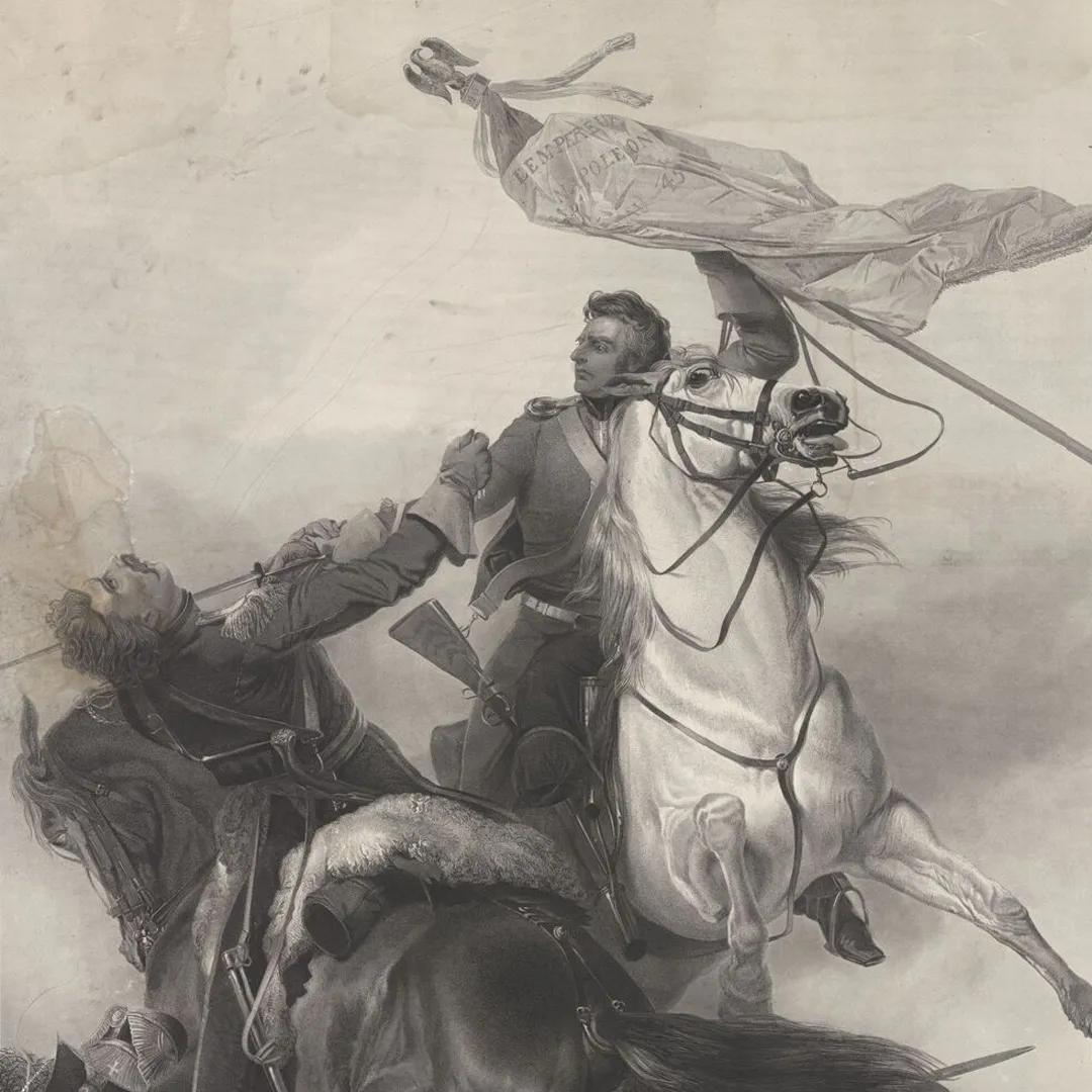 A British cavalry officer kills a French rival to defend his captured eagle