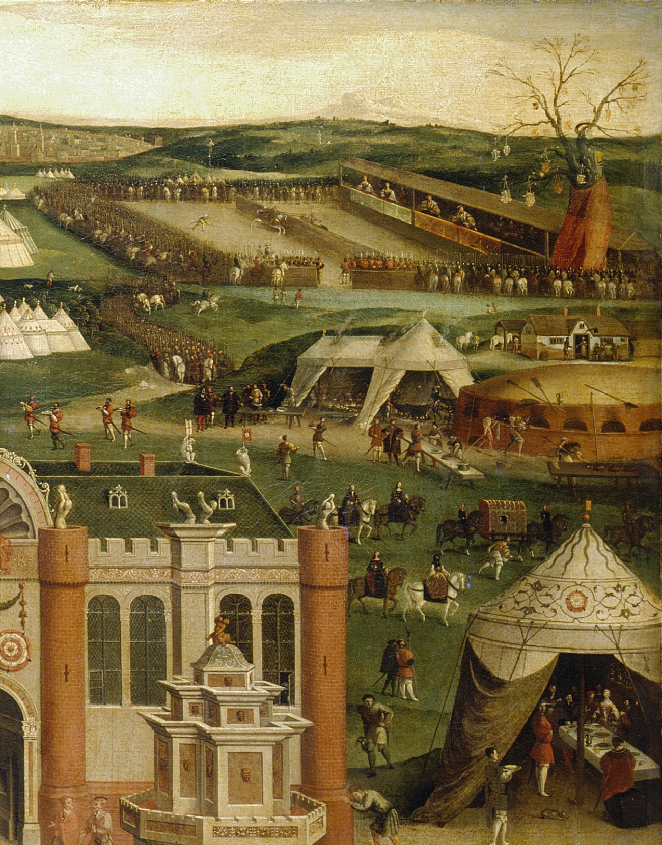 Painting detail depicting jousting, combat, and feasting at the field of cloth of gold