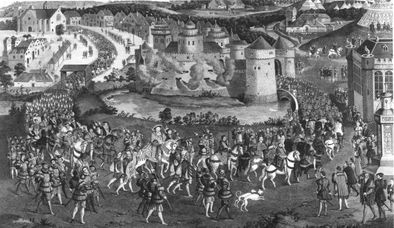 A print of a parade of men on horseback and foot making their way to a castle 