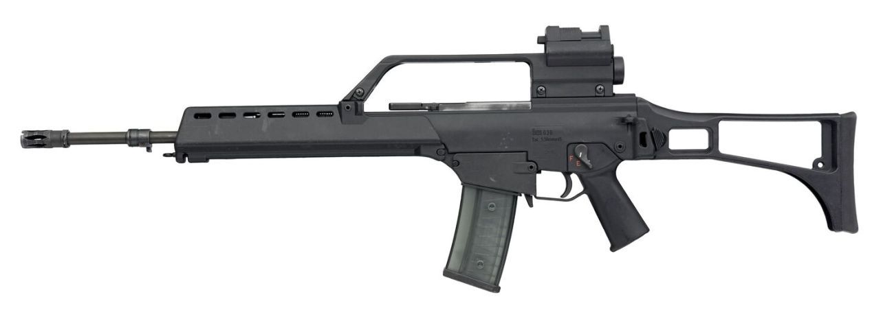 A metal automatic rifle in profile