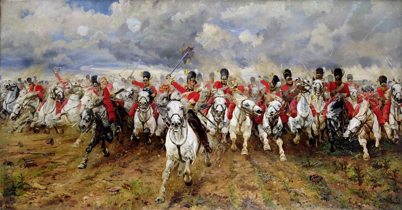 Painting depicting the cavalry charge of the Royal Scots Greys with their swords held aloft and screaming their battle cry at the Battle of Waterloo in 1815