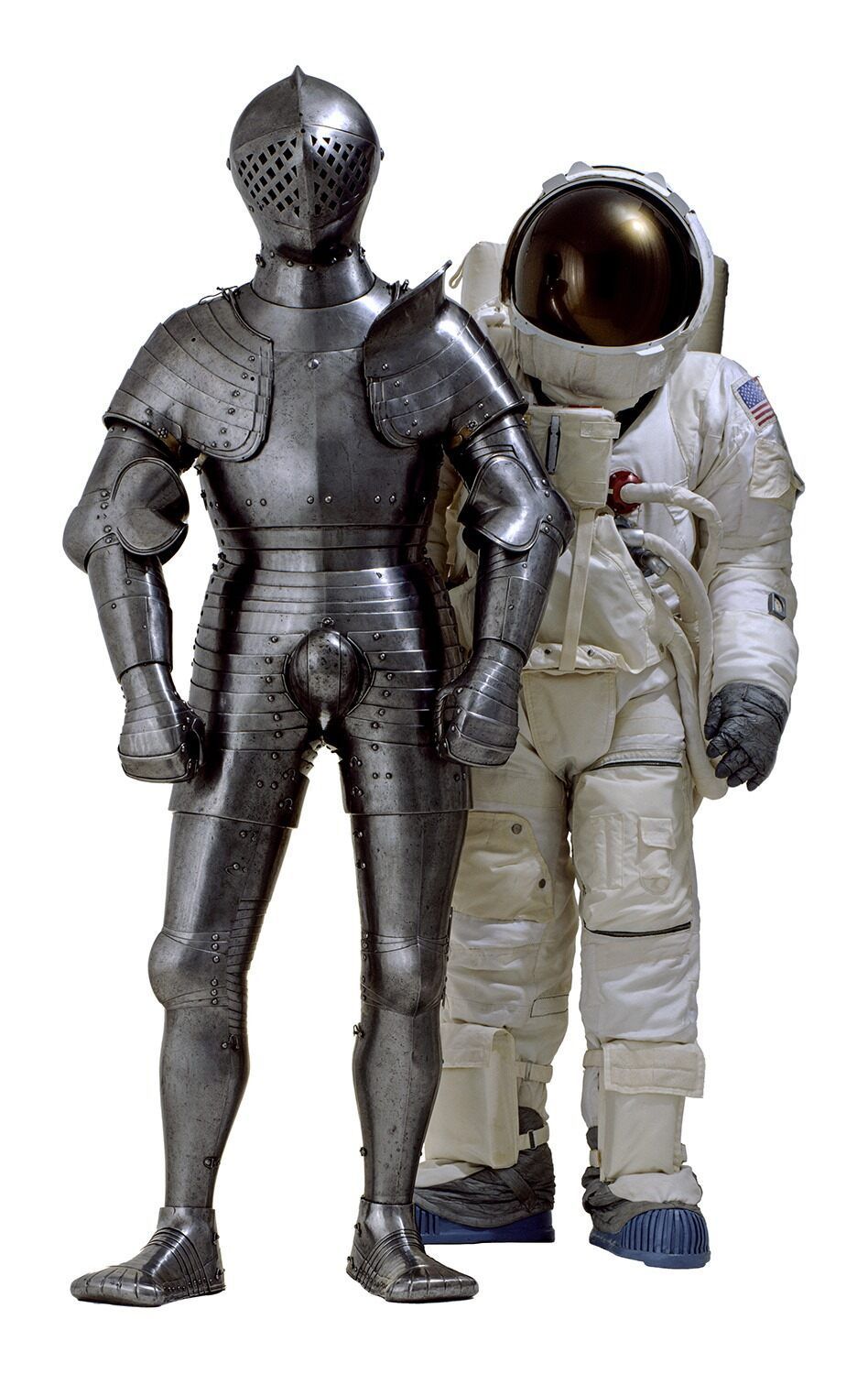 A full length suit of armour and an astronaut suit standing together