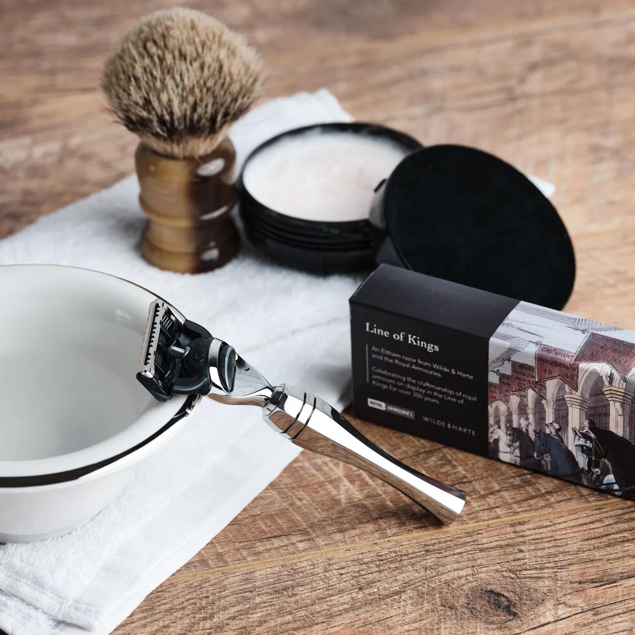 Shaver and accessories inspired by Royal Armouries collection with box that reads "line of kings" with illustration of the line of kings.