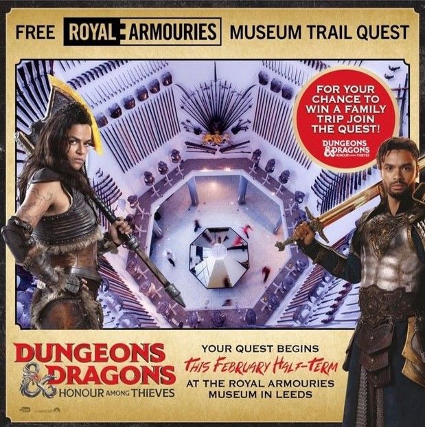 Dungeons and Dragons and royal armouries museum trail quest promotion showing two film characters with hall of steel image behind 