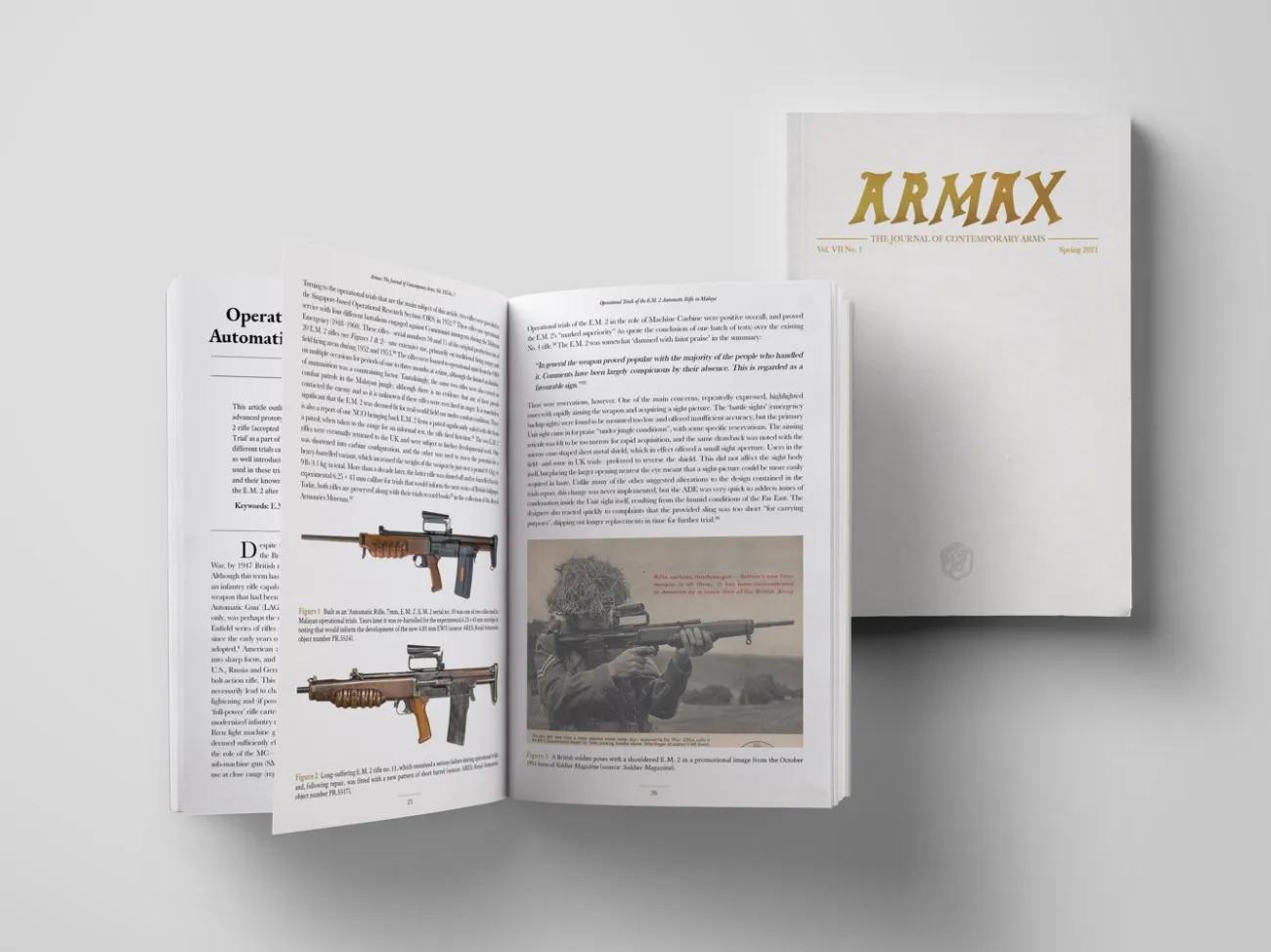 Open double page spread of ARMAX publication next to front cover that reads ARMAX