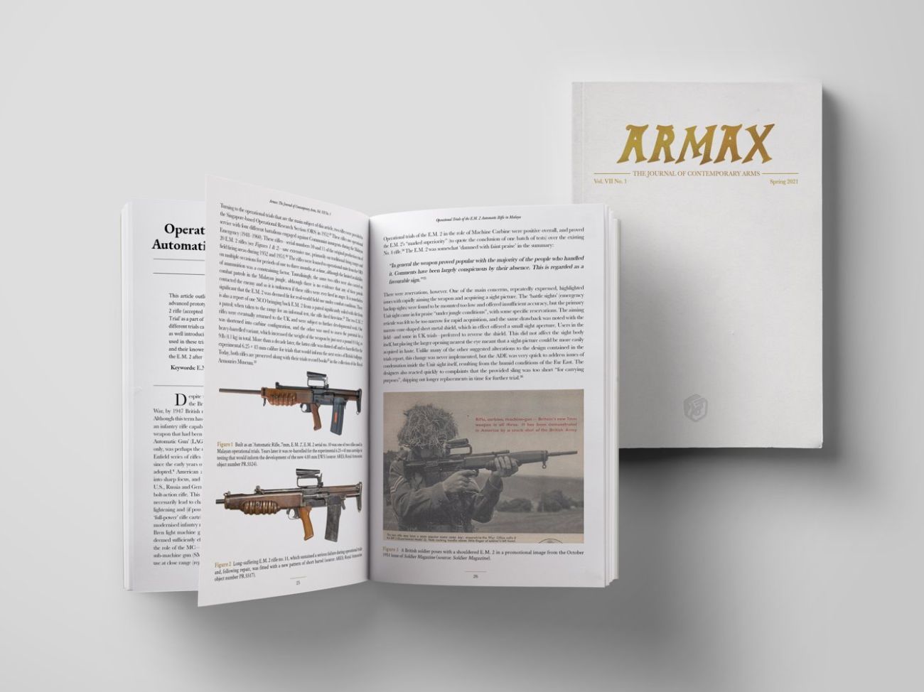 Open double page spread of ARMAX publication next to front cover that reads ARMAX