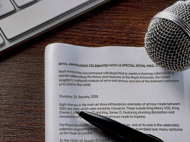 Keyboard, microphone, pen and typescript on wooden desk