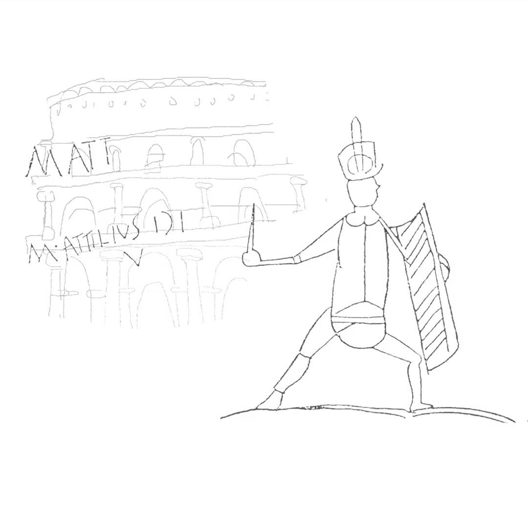 A reproduction of graffiti found in Pompeii depicting a gladiator called Marcus in front of the amphitheatre