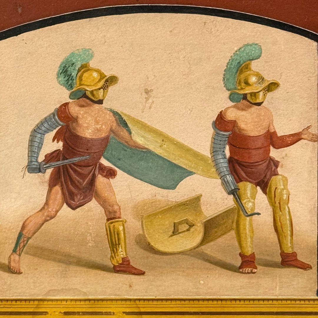 A fresco from Pompeii of two gladiators, a murmillo and thraex