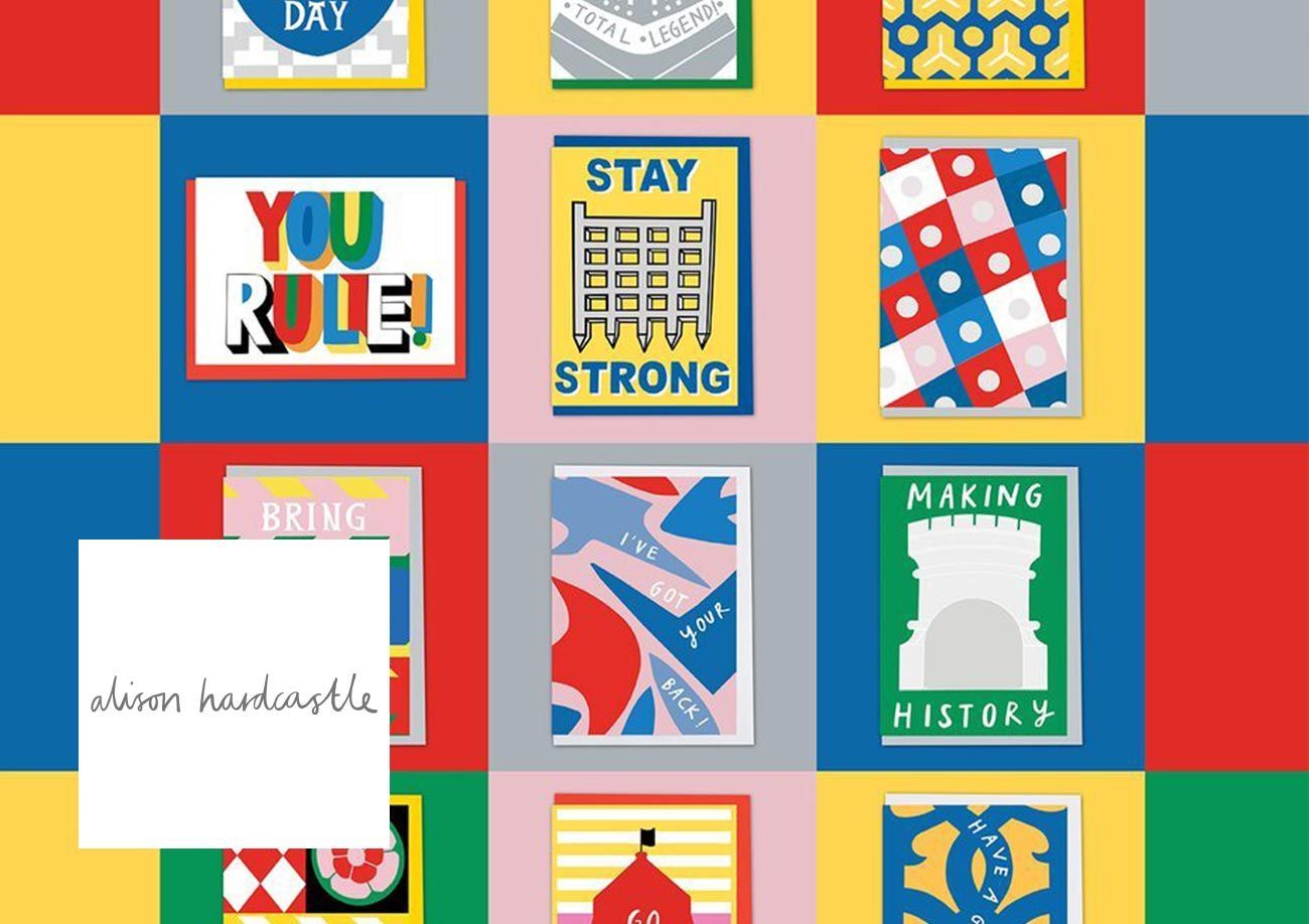 Alison Hardcastle design greeting cards on a multicolour tile background with Alison's logo in the bottom left