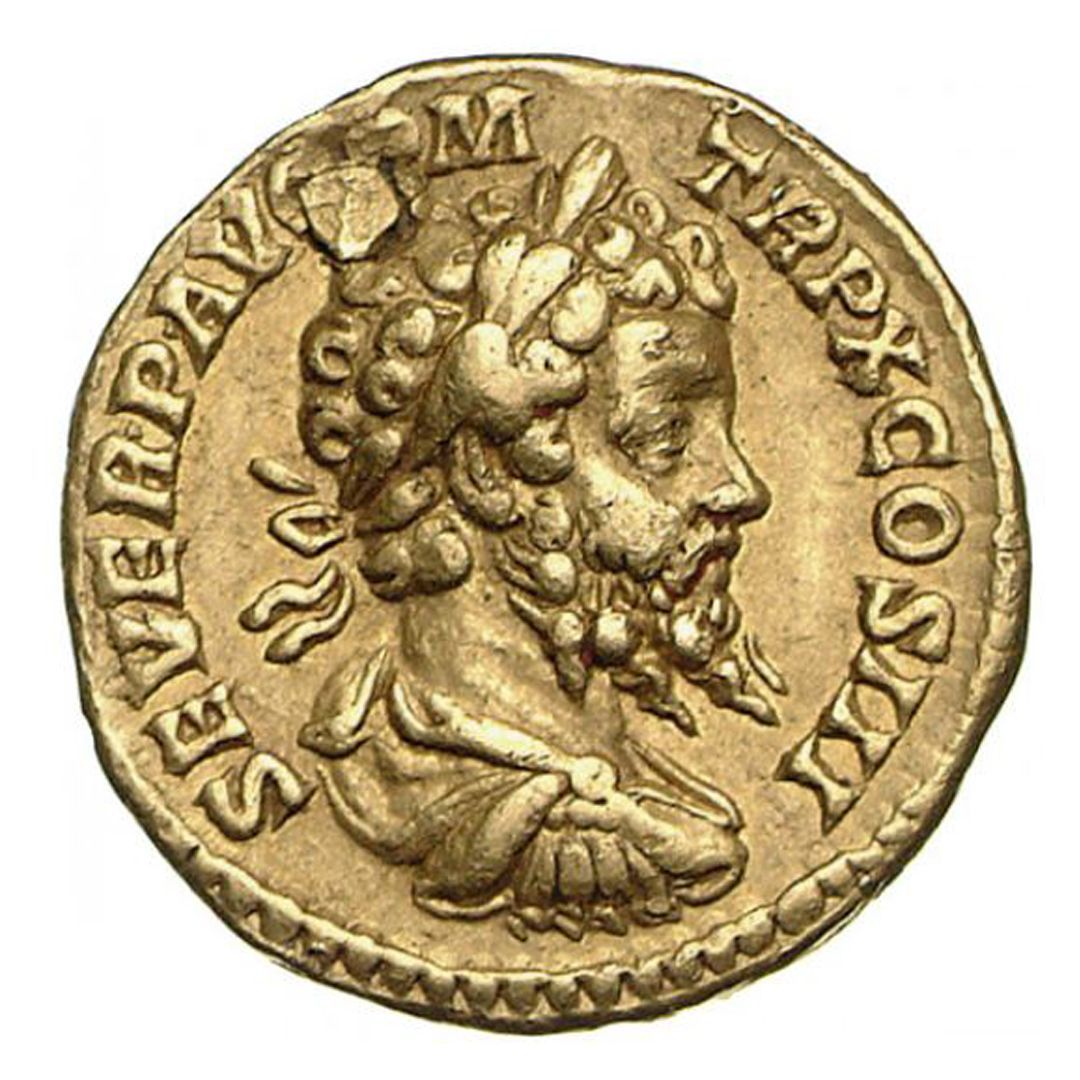 A circular gold coin featuring the image of a bearded man with a laurel wreath and the words SEVER P AVG P M around the edge.  
