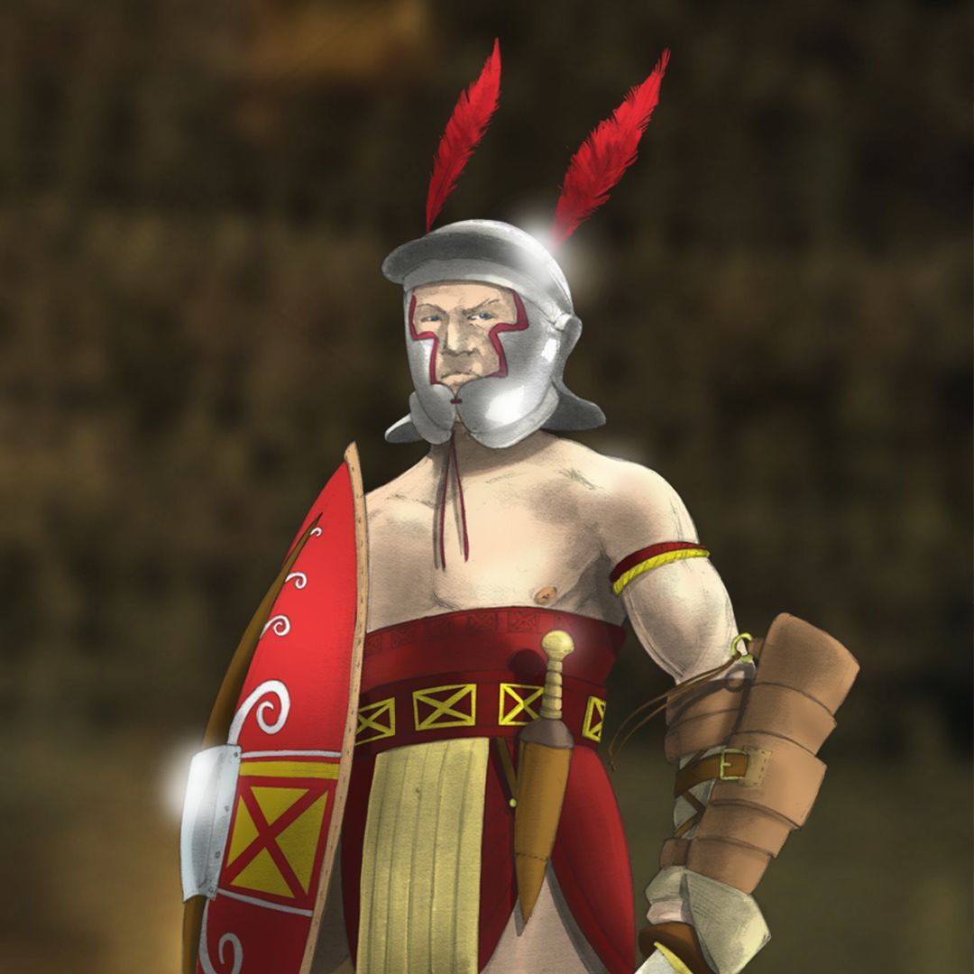A graphic of an essedarius gladiator with a red plumed helmet, short sword or gladius, and legionary style helmet