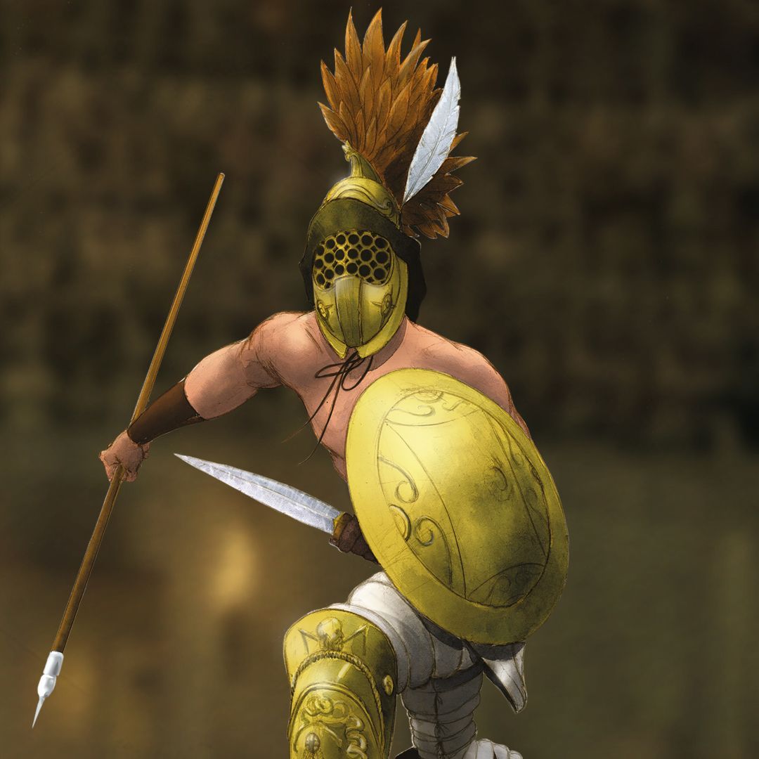 A graphic of a hoplomachus gladiadtor, with golden-coloured shield, red plumed helmet, and spear.