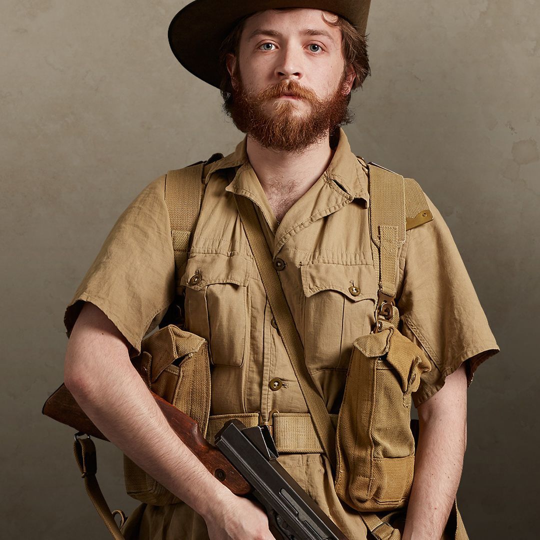 A colour photo of a reenactor posing as a Chindit soldier