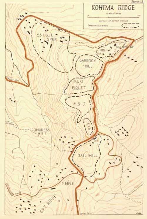 A map of the Kohima battlefield, outlining in dotted lines where the Allied positions were.